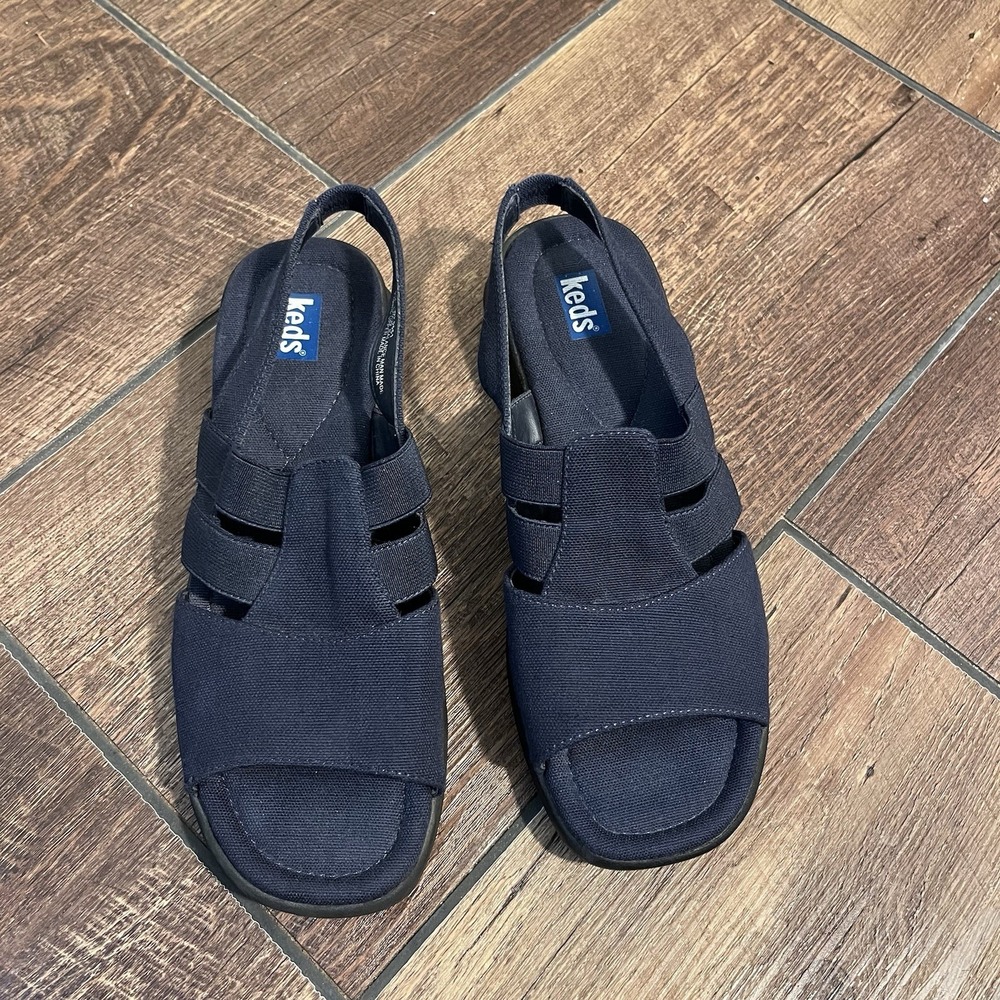 Keds Sandals Womens 6.5M Blue Slingback Comfort Casual Peep Toe Low Heel Canvas